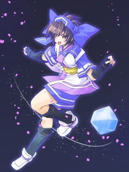 Rule 34 | 1girl, ainu clothes, black gloves, black hair, black socks, blue hairband, blue shorts, brown eyes, commentary, falling petals, fingerless gloves, full body, gloves, hairband, highres, ice, japanese clothes, kageyama shinobi, kimono, looking at viewer, open mouth, petals, pink petals, rimururu, samurai spirits, sash, shoes, short hair, short kimono, shorts, smile, socks, solo, teeth, upper teeth only, white kimono, white shoes, yellow sash