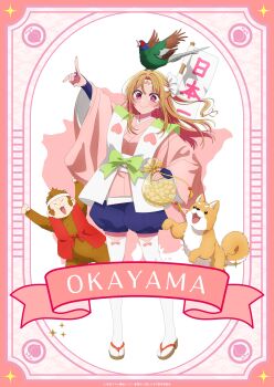 1girl absurdres animal animal_on_head bird bird_on_head black_shorts blonde_hair blush closed_mouth dog geta hair_between_eyes headband highres hirayama_kanna hoshino_ruby japanese_clothes kimono long_hair long_sleeves monkey official_art okayama_prefecture on_head oshi_no_ko pink_eyes pink_kimono shiba_inu shorts simple_background smile solo star-shaped_pupils star_(symbol) symbol-shaped_pupils thighhighs white_headband white_thighhighs