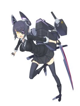 1girl ayaki bad_anatomy bad_perspective blush boots breasts cannon cardigan eyepatch fingerless_gloves full_body gloves headgear highres holding holding_sword holding_weapon kantai_collection left-handed medium_breasts necktie official_art open_mouth purple_hair school_uniform ship_turret short_hair simple_background skirt solo sword tenryuu_(kancolle) thighhighs transparent_background weapon yellow_eyes