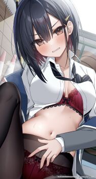 1girl absurdres black_hair black_necktie black_pantyhose blush bow bow_panties bowtie bra breasts brown_eyes collared_shirt commentary_request cowboy_shot double-parted_bangs grimace hair_ornament hairclip highres hug kneehighs kuro_namako large_breasts lingerie long_sleeves looking_at_viewer loose_necktie medium_hair navel necktie no_pants open_clothes open_shirt original panties panties_under_pantyhose pantyhose red_bra red_panties school_uniform shirt socks solo steam steaming_body stomach sweat unbuttoned underwear v-shaped_eyebrows white_shirt wing_collar