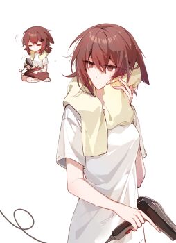 1girl =_= arknights brown_eyes brown_hair brown_tail chibi chinese_commentary closed_eyes closed_mouth commentary commentary_request crownslayer_(arknights) drying drying_hair drying_own_hair english_commentary hair_between_eyes hair_dryer highres holding holding_hair_dryer mixed-language_commentary motion_lines no_mouth no_nose partial_commentary shadow71580825 shirt short_hair short_sleeves simple_background solo tail towel towel_around_neck wet wet_hair wet_towel white_background white_shirt