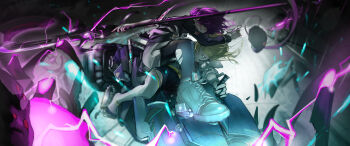 Rule 34 | 2girls, absurdres, aura, battle, bilingual commentary, black pantyhose, black shorts, blonde hair, breasts, chinese commentary, commentary, commentary request, cross-laced shoes, danch331, dress, english commentary, fighting stance, floating hair, foreshortening, green eyes, grey shoes, hat, heaven burns red, highres, holding, holding polearm, holding weapon, hug, long sleeves, looking at viewer, mixed-language commentary, motor vehicle, motorcycle, multiple girls, nanase nanami (angel crisis) (heaven burns red), nanase nanami (heaven burns red), official alternate costume, on motorcycle, pantyhose, pencil skirt, polearm, purple hair, red eyes, serious, shoes, short hair, shorts, skirt, tezuka saki, thighhighs, torn clothes, torn pantyhose, unworn headwear, weapon, white shoes, white thighhighs, zettai ryouiki