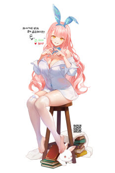 1girl absurdres book braid braided_bangs chair highres iridescent_clothes kneehighs korean_commentary non-web_source on_chair pile_of_books pink_hair playboy_bunny qqubbell qr_code rabbit shirt sitting socks towel white_shirt yellow_eyes