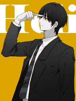 1girl black_hair black_jacket black_necktie character_name closed_mouth collared_shirt cross cross_earrings dark_moon:_the_blood_altar earrings hand_up heli_(dark_moon:_the_blood_altar) jacket jewelry long_sleeves medium_hair necktie pointing pointing_at_self school_uniform serious shirt simple_background solo user_gmhz2777 white_shirt yellow_background yellow_eyes