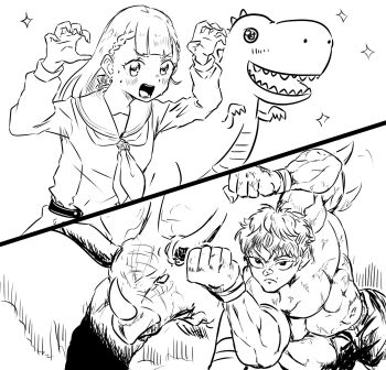 Rule 34 | 1boy, 1girl, blush, bow, braid, center-flap bangs, claw pose, closed mouth, contrast, dinosaur, dress, frown, grappler baki, greyscale, hair bow, hanma baki, hasu no sora school uniform, highres, kachimachi kosuzu, kanzaki gou, link! like! love live!, long hair, long sleeves, love live!, monochrome, muscular, muscular male, neckerchief, open mouth, sailor collar, sailor dress, school uniform, sharp teeth, short hair, shorts, side ahoge, side braids, sparkle, straight hair, teeth, topless male, triceratops, triceratops fist, tyrannosaurus rex, upper teeth only, v-shaped eyebrows, virtual youtuber, white background, winter uniform