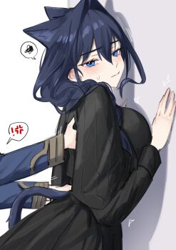 2girls absurdres against_wall anger_vein animal_ears black_dress blue_eyes blue_hair blush braid breasts cat_ears cat_girl cat_tail closed_mouth commentary dress dual_persona english_commentary from_side hair_between_eyes hair_intakes hair_over_shoulder highres hololive hololive_english hunk_404 kemonomimi_mode large_breasts long_hair long_sleeves looking_at_viewer motion_lines multiple_girls official_alternate_costume official_alternate_hairstyle ouro_kronii ouro_kronii_(4th_costume) ouro_kronii_(maid) out_of_frame small_sweatdrop solo_focus spoken_anger_vein spoken_squiggle squiggle tail upper_body virtual_youtuber