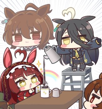 +_+ 3girls agnes_tachyon_(tach-nology)_(umamusume) agnes_tachyon_(umamusume) ahoge animal_ears black_coat black_gloves black_hair black_pantyhose black_shirt blunt_bangs blunt_ends blunt_sidelocks blush blush_stickers brown_headdress chemical_structure chibi closed_mouth coat coffee coffee_mug collared_shirt commentary_request cup dress ear_tag earrings frilled_hairband frills gloves hair_between_eyes hairband highres horse_ears horse_girl horse_tail jewelry lab_coat ladder layered_hair long_bangs long_hair long_hair_between_eyes long_sleeves manhattan_cafe_(creeping_shadow)_(umamusume) manhattan_cafe_(umamusume) mokemongetdaze mug multicolored_hair multiple_girls necktie open_mouth pantyhose pitcher_(container) pouring rainbow red_desire_(umamusume) red_dress red_hair red_hairband red_headdress red_veil shirt sidelocks single_earring skirt smile sparkle star-shaped_pupils star_(symbol) star_ornament steaming_cup symbol-shaped_pupils tail umamusume veil white_coat white_hair wolf_cut yellow_eyes yellow_necktie