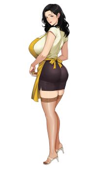 Rule 34 | 1girl, absurdres, apron, ass, black hair, black skirt, blue eyes, breasts, earrings, from behind, full body, gxtsjs, high heels, highres, holding, huge breasts, jewelry, long hair, looking at viewer, looking back, mature female, miniskirt, mole, pencil skirt, red lips, shirt, short sleeves, simple background, skirt, smile, solo, standing, tachi-e, thighhighs, transparent background, white footwear, yellow apron