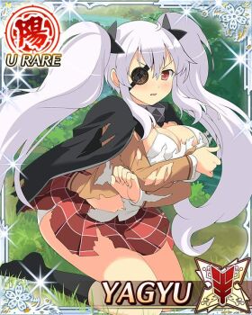 Rule 34 | 1girl, black cape, blush, border, bra, breast press, breasts, brown jacket, cape, card (medium), character name, cleavage, covering breasts, covering privates, day, eyepatch, game cg, jacket, kneeling, large breasts, long hair, looking at viewer, necktie, official art, outdoors, panties, parted lips, plaid clothes, plaid skirt, red eyes, red necktie, red skirt, senran kagura, senran kagura new wave, shuriken hair ornament, skirt, solo, third-party source, torn clothes, torn jacket, torn skirt, twintails, underwear, very long hair, white bra, white hair, white panties, yagyu (senran kagura)