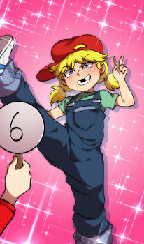 2girls :d baseball_cap blonde_hair blue_eyes blue_overalls blush commentary drop_shadow english_commentary foot_out_of_frame green_shirt grin hair_behind_ear hair_tie hand_up hat holding holding_sign jcm2 lana_loud long_sleeves low_twintails lynn_loud missing_tooth multiple_girls nose_blush open_mouth overalls pink_background pocket red_hat red_shirt shirt shoes short_hair short_sleeves short_twintails siblings sideways_hat sign simple_background sisters smile solo_focus sparkle sparkle_background split standing standing_on_one_leg standing_split sweat t-shirt the_loud_house tomboy twintails v v-shaped_eyebrows white_shoes