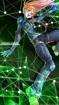 1girl :d artist_request atlus belt black_bodysuit blunt_bangs bodysuit breasts copyright_name copyright_notice floating_hair glasses gloves green_background green_belt green_footwear green_theme hair_spread_out highres knee_pads long_hair looking_at_viewer official_art open_mouth oracle_(persona_5) orange_hair outstretched_arms persona persona_5 persona_5_scramble:_the_phantom_strikers purple_eyes sakura_futaba small_breasts smile solo