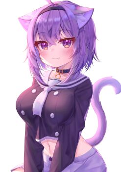 1girl :3 absurdres ahoge animal_ear_fluff animal_ears bad_id bad_twitter_id black_choker black_hairband black_serafuku blush breasts cat_ears cat_girl cat_tail choker commentary_request deaver fang hair_between_eyes hairband highres hololive large_breasts looking_at_viewer midriff navel nekomata_okayu nekomata_okayu_(school_uniform) purple_eyes purple_hair school_uniform serafuku short_hair simple_background skin_fang smile solo tail twitter_username virtual_youtuber white_background white_neckwear