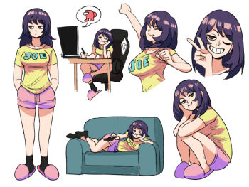 1girl :t among_us artist_self-insert asymmetrical_footwear asymmetrical_legwear black_hair black_legwear breasts brown_eyes chair closed_mouth commentary controller couch crewmate_(among_us) drawing english_commentary full_body gaming_chair hand_on_own_cheek hand_on_own_face hands_in_pockets highres holding inset large_breasts looking_at_viewer lying medium_hair mismatched_footwear mismatched_legwear multiple_views on_couch on_side original pink_shirt pink_slippers pout remote_control shirt short_sleeves shorts simple_background sitting slippers smile socks squatting stretching swivel_chair t-shirt teeth tina_fate v white_background yellow_shirt
