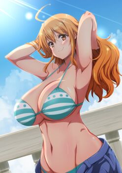 Rule 34 | 1girl, ahoge, alternate breast size (larger), armpits, arms up, bad id, bad twitter id, bikini, bikini under clothes, blue sky, breasts, cleavage, cloud, cloudy sky, curvy, day, denim, female focus, green bikini, hair between eyes, jeans, large breasts, long hair, nami (one piece), nami (one piece) (return to sabaody), navel, official alternate costume, one piece, open fly, orange eyes, orange hair, outdoors, pants, shiny skin, sky, solo, stomach, striped bikini, striped clothes, super nekopunch, swimsuit, underboob