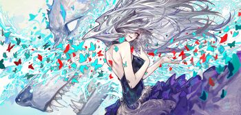 1girl absurdres animal_ears arknights bug butterfly dress floating_hair grey_hair hair_over_one_eye highres insect lappland_(arknights) long_hair looking_back naijiaer purple_dress scar scar_across_eye scar_on_face sharp_teeth smile strapless strapless_dress tail teeth upper_body wolf wolf_tail