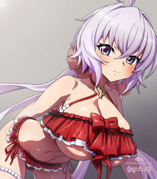1girl ahoge bare_shoulders bent_over bikini bow breasts cleavage commentary_request frilled_bikini frills grey_background hair_between_eyes halterneck huge_breasts large_breasts long_hair low_twintails navel purple_eyes purple_hair red_bikini red_bow senki_zesshou_symphogear side-tie_bikini_bottom signature simple_background solo swimsuit twintails twitter_username uganda_(ugandam_00) underboob very_long_hair yukine_chris