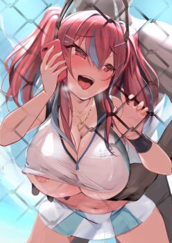 1boy 1girl against_fence areola_slip azur_lane bare_shoulders blush bow breasts bremerton_(azur_lane) bremerton_(scorching-hot_training)_(azur_lane) cellphone chain-link_fence clothed_female_nude_male clothed_sex covered_erect_nipples crop_top crop_top_overhang fence grabbing_another's_breast grey_hair groping hair_between_eyes hair_bow hair_ornament hairclip heavy_breathing hetero large_breasts leaning_forward long_hair looking_back mole mole_under_eye multicolored_hair naughty_face nipple_slip nipples no_bra nude open_mouth p_answer phone pink_hair sex smartphone sportswear streaked_hair tennis_uniform tongue tongue_out twintails two-tone_hair two-tone_shirt two-tone_skirt x_hair_ornament