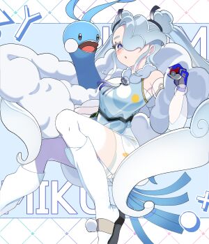 1girl altaria bird blue_gloves blush breasts commentary_request flying_miku_(project_voltage) gen_3_pokemon gloves grey_gloves hair_ornament hair_over_one_eye hatsune_miku highres holding holding_poke_ball long_hair long_sleeves looking_at_viewer medium_breasts nintendo official_alternate_costume official_alternate_hairstyle open_mouth poke_ball pokemon project_voltage see-through_clothes see-through_sleeves shirt sleeveless sleeveless_shirt socks twintails two-tone_gloves very_long_hair vocaloid white_shirt white_socks zzinbbang