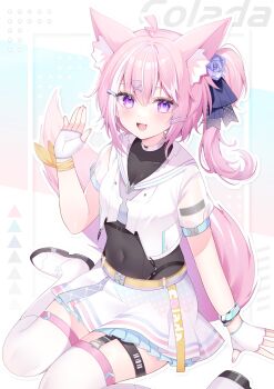 1girl :> animal_ears armband belt black_armband black_leotard breasts commission covered_navel fingerless_gloves flower flower_ornament fox_ears fox_girl fox_tail gloves hair_flower hair_ornament hand_on_ground hand_up highres kneehighs kooriais leotard medium_breasts navel open_mouth original pink_hair purple_eyes shirt shoes short_sleeves sitting skeb_commission socks square tail triangle white_footwear white_gloves white_shirt white_socks wristband yellow_belt