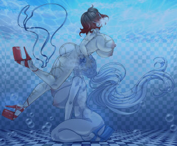 2girls absurdres asphyxiation breasts brown_hair bubble character_request completely_nude copyright_request cunnilingus drowning goggles high_heels highres huge_breasts karuro-kun large_breasts long_hair medium_hair multiple_girls nipples nude oral peril pool ruby_rose rwby seiza sitting underwater very_long_hair weiss_schnee white_hair yuri