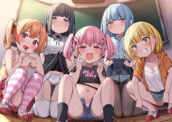 5girls black_hair black_pantyhose black_ribbon black_shirt black_skirt black_socks blue_eyes blue_panties blue_shirt blue_shorts blue_skirt blush bow bow_panties breasts camisole candy classroom closed_mouth clothes_lift collared_shirt commentary_request cropped_shirt female_focus flat_chest food garter_belt green_eyes grin hair_ornament hairclip half-closed_eyes highres holding holding_candy holding_food holding_lollipop hood hood_down hooded_jacket isemori jacket kneeling large_breasts lifting_own_clothes loli lollipop long_hair looking_at_viewer mesugaki midriff multiple_girls navel neck_ribbon open_fly open_mouth orange_hair orange_jacket original panties panties_under_pantyhose pantyhose pink_eyes pink_panties pink_skirt pink_thighhighs pleated_skirt purple_eyes ribbon shirt short_hair short_shorts short_sleeves shorts side_ponytail sitting skirt skirt_lift small_breasts smile socks squatting strap_slip striped_clothes striped_panties striped_thighhighs teeth thighband_pantyhose thighhighs twintails underwear white_panties white_shirt white_thighhighs yellow_camisole yellow_eyes