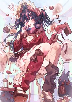Rule 34 | 1girl, :p, animal ears, artist name, black hair, blush, bow, bow legwear, brown bow, brown shoes, brown socks, candy, chocolate, chocolate heart, closed mouth, commentary, double-parted bangs, food, full body, hair between eyes, hair bow, heart, heart-shaped food, holding, holding chocolate, holding food, long hair, long sleeves, looking at viewer, loose socks, multicolored hair, original, rabbit, rabbit ears, rabbit girl, red bow, red eyes, red hair, red shirt, red socks, shirt, shoes, sitting, skirt, socks, solo, striped bow, symbol-only commentary, tongue, tongue out, tsukumi bis, twitter username, two-tone hair, two side up, watermark, white skirt