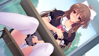 1girl blush bow brown_eyes brown_hair chair desk dutch_angle embarrassed game_cg hair_bow indoors kourin_tenshi_en_ciel_rena large_variant_set long_hair mechanical_pencil non-web_source official_art panties pantyshot pee peeing peeing_self pen pencil pink_bow pleated_skirt ponytail saitou_natsuki school_uniform short_sleeves sitting skirt skirt_tug solo suhamaya table thighhighs tomoe_rena underwear upskirt variant_set wet wet_clothes wet_panties white_bow white_panties white_thighhighs window