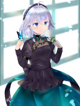 1girl alternate_costume arm_belt back_bow black_bow black_headdress black_shirt blue_butterfly blue_eyes blush bow bowtie braid bug butterfly butterfly_on_hand commentary_request dahlia falling_petals floral_print flower flower_to_mouth gold_trim green_bow green_bowtie green_skirt grey_hair hair_bow hands_up highres holding holding_flower insect izayoi_sakuya juliet_sleeves long_hair long_sleeves looking_ahead minatsuki_yurara petals puffy_sleeves shirt skirt sleeve_garter smile solo touhou twin_braids white_flower window