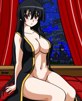 1girl akame_(akame_ga_kill!) akame_ga_kill! ass bare_arms bare_legs black_hair blush bottomless breasts building castle casual_nudity city_below cleavage cloud cloudy_sky couch curtains evening thighs flashing fancy_dress female_focus hair_between_eyes indoors large_breasts legs long_hair looking_at_viewer midriff naked_robe navel night night_sky nipples no_bra no_panties nude pale_skin red_eyes revealing_clothes robe sexually_suggestive sitting sky solo stars thighs tree very_long_hair
