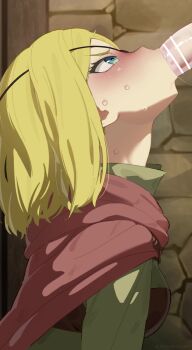 1boy 1girl alicia_glenfall animated aqua_eyes bar_censor blonde_hair blush breasts cape censored clevatess:_majuu_no_ou_to_akago_to_shikabane_no_yuusha deepthroat disembodied_penis fellatio green_shirt heart heart-shaped_pupils hetero highres long_sleeves looping_animation medium_breasts mizumizuni oral penis red_cape saliva shirt short_hair solo_focus sweat symbol-shaped_pupils tagme video x-ray