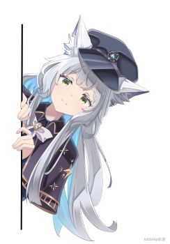 1girl absurdres animal_ear_fluff animal_ears arknights black_capelet black_hat blue_hair cai_ling capelet chinese_commentary closed_mouth collared_capelet colored_inner_hair commentary_request green_eyes grey_hair hat highres leaning leaning_to_the_side looking_at_viewer multicolored_hair peaked_cap rosmontis_(arknights) simple_background smile solo split_mouth white_background