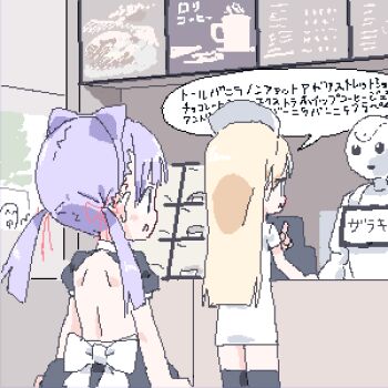 2girls animal_ear_hairband animal_ears behind_another black_bow black_skirt black_sleeves black_thighhighs blunt_ends bow cafe cat_ear_hairband cat_ears day display_case dress fake_animal_ears from_behind hair_ribbon hairband hand_up hat humanoid_robot index_finger_raised indoors lokulo-chan_(lokulo_no_mawashimono) lokulo_no_mawashimono loli long_hair looking_at_another low_twintails lowres multiple_girls nurse nurse_cap oekaki open_mouth original pepper_(robot) profile puffy_short_sleeves puffy_sleeves purple_hair queue red_ribbon ribbon robot short_dress short_sleeves shoulder_blades shrug_(clothing) skirt softbank speech_bubble thighhighs topless_female translation_request twintails wall_of_text white_bow white_dress yurika_a_lutwidge_(lokulo_no_mawashimono)