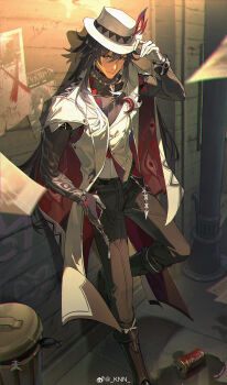 Rule 34 | 1boy, absurdres, ashveil (honkai: star rail), black boots, black hair, black shirt, blade (honkai: star rail), blurry, boots, chinese commentary, closed mouth, coat, commentary request, gloves, gradient hair, grey eyes, hair between eyes, hand on headwear, hat, highres, honkai: star rail, honkai (series), jewelry, kkknnnn, long sleeves, looking to the side, male focus, mechanical arms, multicolored hair, necklace, outdoors, pants, shirt, single glove, single mechanical arm, solo, standing, tooth necklace, wanted poster, wavy hair, white gloves