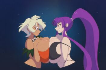 2girls bikini black_bikini blonde_hair blue_eyes blunt_bangs breast_press breasts crossover earrings eiken goblinhordestudios grey_eyes highleg highleg_bikini highres huge_breasts jewelry jungle_de_ikou long_hair long_sidelocks messy_hair mii_(jungle_de_ikou) misono_kirika multiple_girls necklace orange_bikini ponytail purple_hair short_hair sidelocks skull_necklace smug swimsuit symmetrical_docking very_long_hair