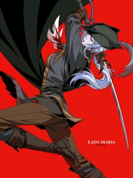 1girl absurdres ascot blood bloodborne blue_eyes cape coat gem gloves hat hat_feather highres holding holding_weapon lady_maria_of_the_astral_clocktower long_hair looking_at_viewer ponytail rakuyo_(bloodborne) s_jiaogu simple_background solo sword tricorne weapon white_hair