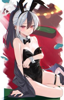 1girl animal_ear_hairband animal_ears bare_legs black_bow black_bowtie black_hair black_horns black_leotard blue_archive bow bowtie breasts commentary_request demon_horns detached_collar fake_animal_ears grey_halo grey_jacket hair_between_eyes hairband halo highres horns jacket kayoko_(blue_archive) leotard long_hair looking_at_viewer multicolored_hair playboy_bunny rabbit_ears red_eyes sitting small_breasts solo strapless strapless_leotard tsui_(dfjw5724) two-tone_hair white_hair wrist_cuffs yokozuwari