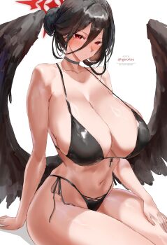 1girl absurdres artist_name bare_arms bare_legs bare_shoulders bikini black_bikini black_choker black_hair black_wings blue_archive breasts choker cleavage feathered_wings front-tie_bikini_top front-tie_top hair_between_eyes hair_bun halo hasumi_(blue_archive) hasumi_(swimsuit)_(blue_archive) highleg highleg_bikini highres huge_breasts igiroitsu long_hair long_hair_between_eyes looking_at_viewer low_wings mole mole_under_eye navel official_alternate_costume official_alternate_hairstyle red_eyes red_halo side-tie_bikini_bottom simple_background solo swimsuit thighs twitter_username white_background wings