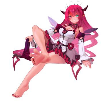 1girl absurdres barefoot blue_eyes blush breasts cleavage crossed_legs feet grin heterochromia highres hololive horns irys_(hololive) long_hair looking_at_viewer pointy_ears pompmaker1 red_eyes red_hair smile soles toes transparent_background