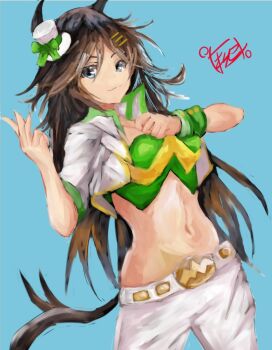 Rule 34 | 1girl, belt, blue background, breasts, brown hair, cleavage, closed mouth, cropped jacket, cropped shirt, green eyes, green shirt, hair ornament, hairpin, jacket, long hair, looking at viewer, medium breasts, mr. c.b. (clear bliss) (umamusume), mr. c.b. (umamusume), navel, official alternate costume, pants, ponytail, shirt, solo, umamusume, very long hair, white belt, white jacket, white pants, yanagi wakana