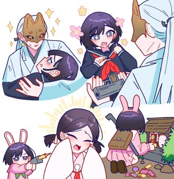 1boy 2girls animal_ears backpack bag black_serafuku closed_eyes fake_animal_ears firing fox_mask fox_mask_(silent_hill) gun highres igarashi_sakuko japanese_clothes lead_pipe mask multiple_girls multiple_views nut87501 pink_serafuku rabbit_ears school_uniform serafuku shimizu_hinako shimizu_hinako_(pink_rabbit_costume) short_twintails shrine silent_hill_(series) silent_hill_f simple_background sparkle sparkling_eyes sweatdrop twintails weapon white_background white_hair yellow_eyes