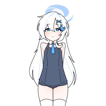 1girl :o animated animated_gif arms_behind_back blue_archive blue_eyes blue_hair blue_necktie blue_one-piece_swimsuit cowboy_shot dthmns fish_hair_ornament hair_ornament loli long_hair long_white-haired_odyssey_student_(blue_archive) looking_at_viewer multicolored_hair necktie one-piece_swimsuit school_swimsuit simple_background solo standing straight-on streaked_hair swaying_hip swimsuit thigh_gap thighhighs thighs very_long_hair white_background white_hair white_thighhighs x_hair_ornament