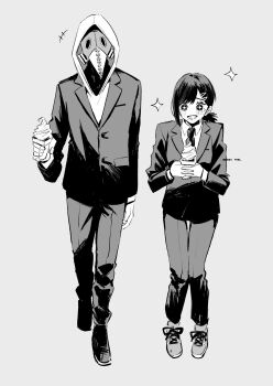 Rule 34 | +++, 1boy, 1girl, :d, artist name, blazer, business suit, chainsaw man, collared shirt, food, formal clothes, furrowed brow, grey background, hair ornament, hairclip, higashiyama kobeni, highres, holding, holding food, holding ice cream, hood, hood up, ice cream, ice morinaka, jacket, long sleeves, lower teeth only, mole, mole under eye, mole under mouth, monochrome, multiple moles, necktie, open mouth, pants, plague doctor mask, shirt, shoelaces, shoes, short hair, simple background, smile, sparkle, suit, tears, teeth, violence fiend (chainsaw man)