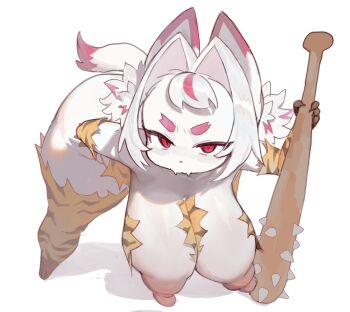 1girl animal_ears animal_hands animal_print breasts cleavage club club_(weapon) furry furry_female furry_girl_(i_am_spacebar) hair_ribbon hanging_breasts jianpan_xiafang_de_da_kongge large_breasts nipples original red_eyes ribbon shortstack simple_background spiked_club tiger_print torn_clothes weapon white_background