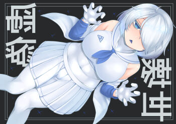 1girl blue_eyes blue_neckerchief blush breasts claw_pose commentary_request covered_navel dutch_angle feet_out_of_frame gloves grey_background hair_between_eyes hair_over_one_eye harunoha highres large_breasts long_bangs looking_at_viewer neckerchief open_mouth original pleated_skirt sailor_collar shirt short_hair skirt sleeveless sleeveless_shirt solo translation_request triangle_mouth white_gloves white_hair white_sailor_collar white_shirt white_skirt