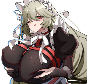 1girl alexandrina_sebastiane black_dress black_gloves breasts caseee999 commentary_request dress elbow_gloves gloves grabbing_own_breast green_hair highres long_hair looking_at_viewer maid maid_headdress open_mouth red_eyes smile solo very_long_hair zenless_zone_zero