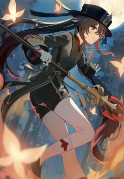 1girl black_hat black_shirt black_shorts bracelet brown_hair brown_shoes bug butterfly commentary_request flower-shaped_pupils foot_out_of_frame genshin_impact grin hair_between_eyes hat highres holding holding_staff hu_tao_(genshin_impact) insect jewelry long_hair long_sleeves looking_at_viewer miyanami_3 parted_lips red_eyes shirt shoes shorts smile socks solo staff staff_of_homa_(genshin_impact) standing standing_on_one_leg symbol-shaped_pupils twitter_username watermark white_socks