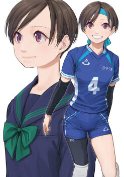 1girl :d arm_warmers black_sailor_collar black_serafuku blue_headband blue_shorts bow breasts brown_hair green_bow headband highres multiple_views open_mouth original otsu_natsu sailor_collar school_uniform serafuku short_sleeves shorts simple_background small_breasts smile sportswear white_background