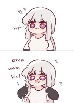 1girl artist_self-insert breasts chibi chonkyorca closed_mouth commentary english_text flying_sweatdrops grey_hair highres long_sleeves low_twintails medium_breasts motion_lines open_mouth orca_(chonkyorca) original puffy_long_sleeves puffy_sleeves purple_eyes shirt simple_background sleeves_past_wrists speed_lines squiggle symbol-only_commentary tears twintails wavy_mouth white_background white_shirt