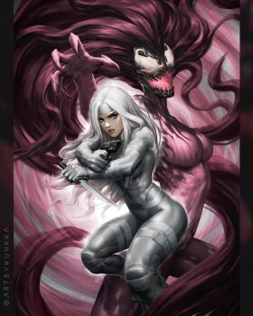 2girls agony_(marvel) asymmetrical_dual_wielding bodysuit breasts comic_cover commentary covered_abs covered_navel dual_wielding english_commentary floating_hair gloves grey_bodysuit grey_eyes gun handgun headband highres holding holding_gun holding_knife holding_weapon knee_pads knife kunkka large_breasts long_hair looking_to_the_side marvel monster_girl multiple_girls muscular muscular_female official_art open_mouth parted_lips purple_hair sharp_teeth silver_sable spider-man_(series) symbiote teeth twitter_username weapon white_gloves white_hair white_headband