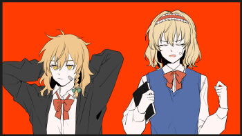 2girls alice_margatroid alternate_costume anger_vein angry bandaid bandaid_on_face black_border black_jacket blonde_hair blue_sweater_vest border bow bowtie braid closed_eyes collared_shirt commentary_request facing_viewer frilled_hairband frills green_bow hair_bow hairband highres hitte5416 holding holding_notebook jacket kirisame_marisa lolita_hairband long_hair multiple_girls no_headwear notebook red_background red_bow red_bowtie red_hairband school_uniform shirt side_braid single_braid sweater_vest touhou white_shirt yellow_eyes